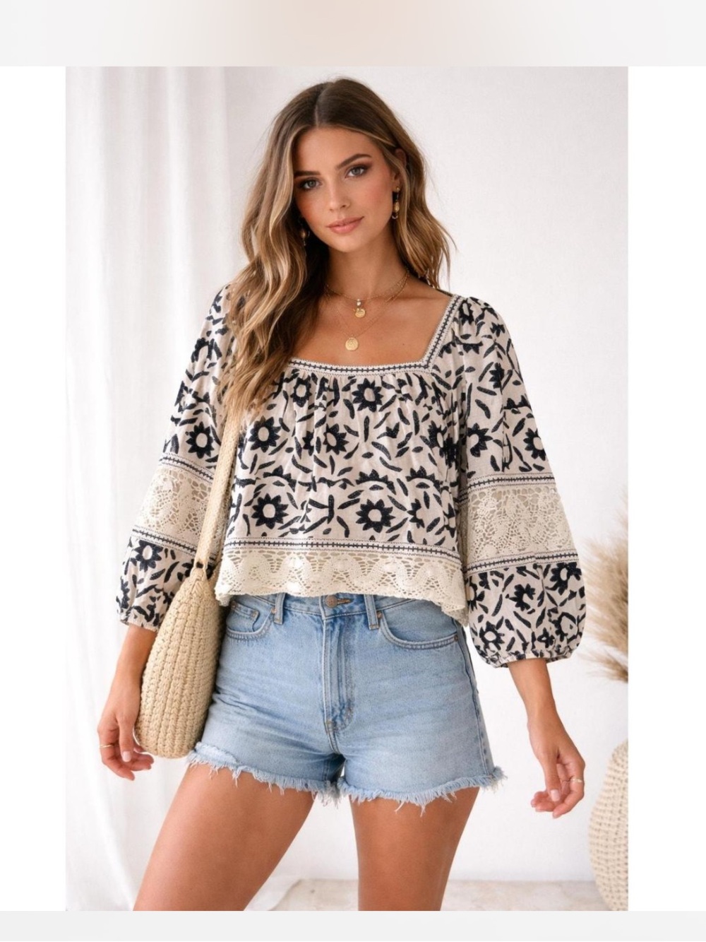 Christian Siriano Black and Cream Floral Boho Festival Top Lace Detail Small